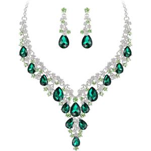 imageBriLove Womens Wedding Bridal Austrian Crystal Teardrop Flower Cluster Statement Necklace Dangle Earrings Jewelry Set for Party Prom2PcsEmerald Color SilverTone