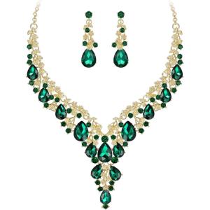 imageBriLove Womens Wedding Bridal Austrian Crystal Teardrop Flower Cluster Statement Necklace Dangle Earrings Jewelry Set for Party Prom2PcsGreen GoldTone