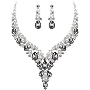 imageBriLove Womens Wedding Bridal Austrian Crystal Teardrop Flower Cluster Statement Necklace Dangle Earrings Jewelry Set for Party Prom2PcsGrey SilverTone