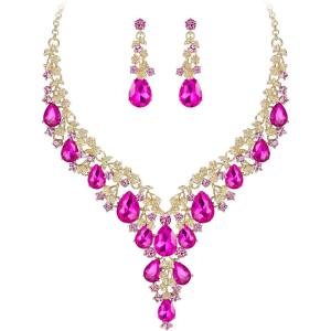 imageBriLove Womens Wedding Bridal Austrian Crystal Teardrop Flower Cluster Statement Necklace Dangle Earrings Jewelry Set for Party Prom2PcsHot Pink GoldTone