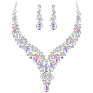 imageBriLove Womens Wedding Bridal Austrian Crystal Teardrop Flower Cluster Statement Necklace Dangle Earrings Jewelry Set for Party Prom2PcsIridescent AB SilverTone