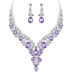 imageBriLove Womens Wedding Bridal Austrian Crystal Teardrop Flower Cluster Statement Necklace Dangle Earrings Jewelry Set for Party Prom2PcsLight Purple SilverTone