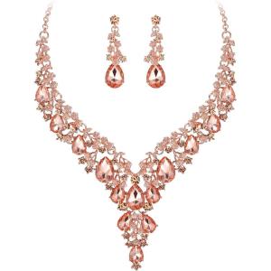 imageBriLove Womens Wedding Bridal Austrian Crystal Teardrop Flower Cluster Statement Necklace Dangle Earrings Jewelry Set for Party Prom2PcsPeach RoseGoldTone