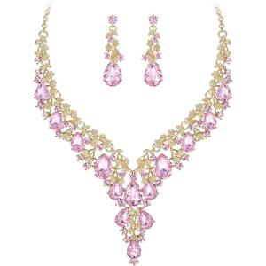imageBriLove Womens Wedding Bridal Austrian Crystal Teardrop Flower Cluster Statement Necklace Dangle Earrings Jewelry Set for Party Prom2PcsPink GoldTone