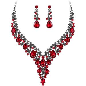 imageBriLove Womens Wedding Bridal Austrian Crystal Teardrop Flower Cluster Statement Necklace Dangle Earrings Jewelry Set for Party Prom2PcsRuby Color BlackTone