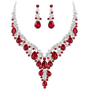 imageBriLove Womens Wedding Bridal Austrian Crystal Teardrop Flower Cluster Statement Necklace Dangle Earrings Jewelry Set for Party Prom2PcsRuby Color SilverTone