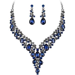 imageBriLove Womens Wedding Bridal Austrian Crystal Teardrop Flower Cluster Statement Necklace Dangle Earrings Jewelry Set for Party Prom2PcsSapphire Color BlackTone