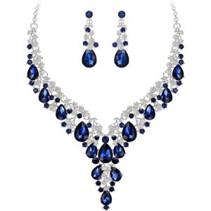 imageBriLove Womens Wedding Bridal Austrian Crystal Teardrop Flower Cluster Statement Necklace Dangle Earrings Jewelry Set for Party Prom2PcsSapphire Color SilverTone