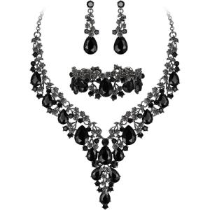 imageBriLove Womens Wedding Bridal Austrian Crystal Teardrop Flower Cluster Statement Necklace Dangle Earrings Jewelry Set for Party Prom3PcsBlack BlackTone