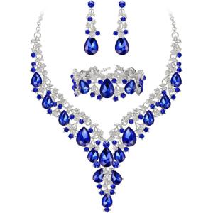 imageBriLove Womens Wedding Bridal Austrian Crystal Teardrop Flower Cluster Statement Necklace Dangle Earrings Jewelry Set for Party Prom3PcsBlue SilverTone