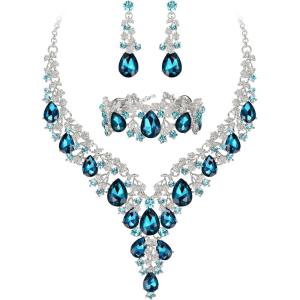 imageBriLove Womens Wedding Bridal Austrian Crystal Teardrop Flower Cluster Statement Necklace Dangle Earrings Jewelry Set for Party Prom3PcsBlue Topaz