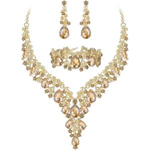 imageBriLove Womens Wedding Bridal Austrian Crystal Teardrop Flower Cluster Statement Necklace Dangle Earrings Jewelry Set for Party Prom3PcsChampagne GoldTone