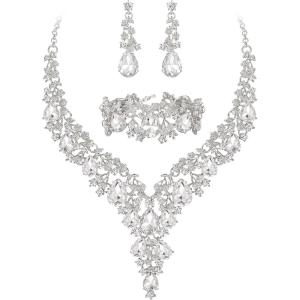 imageBriLove Womens Wedding Bridal Austrian Crystal Teardrop Flower Cluster Statement Necklace Dangle Earrings Jewelry Set for Party Prom3PcsClear