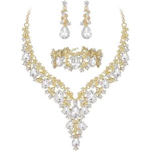 imageBriLove Womens Wedding Bridal Austrian Crystal Teardrop Flower Cluster Statement Necklace Dangle Earrings Jewelry Set for Party Prom3PcsClear GoldTone
