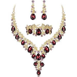 imageBriLove Womens Wedding Bridal Austrian Crystal Teardrop Flower Cluster Statement Necklace Dangle Earrings Jewelry Set for Party Prom3PcsDeep Amethyst Color GoldTone