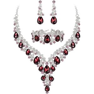 imageBriLove Womens Wedding Bridal Austrian Crystal Teardrop Flower Cluster Statement Necklace Dangle Earrings Jewelry Set for Party Prom3PcsDeep Amethyst Color SilverTone