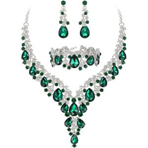 imageBriLove Womens Wedding Bridal Austrian Crystal Teardrop Flower Cluster Statement Necklace Dangle Earrings Jewelry Set for Party Prom3PcsEmerald Color SilverTone