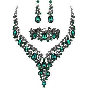 imageBriLove Womens Wedding Bridal Austrian Crystal Teardrop Flower Cluster Statement Necklace Dangle Earrings Jewelry Set for Party Prom3PcsEmerald Color BlackTone