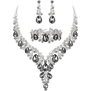 imageBriLove Womens Wedding Bridal Austrian Crystal Teardrop Flower Cluster Statement Necklace Dangle Earrings Jewelry Set for Party Prom3PcsGrey SilverTone