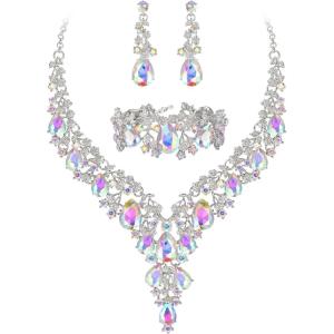imageBriLove Womens Wedding Bridal Austrian Crystal Teardrop Flower Cluster Statement Necklace Dangle Earrings Jewelry Set for Party Prom3PcsIridescent AB SilverTone