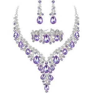imageBriLove Womens Wedding Bridal Austrian Crystal Teardrop Flower Cluster Statement Necklace Dangle Earrings Jewelry Set for Party Prom3PcsPurple SilverTone