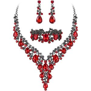 imageBriLove Womens Wedding Bridal Austrian Crystal Teardrop Flower Cluster Statement Necklace Dangle Earrings Jewelry Set for Party Prom3PcsRuby Color