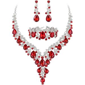 imageBriLove Womens Wedding Bridal Austrian Crystal Teardrop Flower Cluster Statement Necklace Dangle Earrings Jewelry Set for Party Prom3PcsRuby Color SilverTone