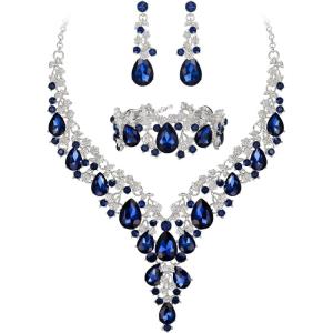 imageBriLove Womens Wedding Bridal Austrian Crystal Teardrop Flower Cluster Statement Necklace Dangle Earrings Jewelry Set for Party Prom3PcsSapphire Color SilverTone