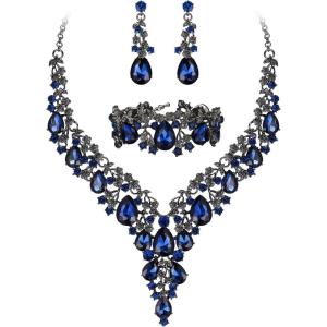 imageBriLove Womens Wedding Bridal Austrian Crystal Teardrop Flower Cluster Statement Necklace Dangle Earrings Jewelry Set for Party Prom3PcsSapphire Color BlackTone