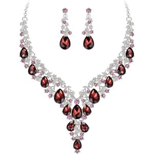 imageBriLove Womens Wedding Bridal Austrian Crystal Teardrop Flower Cluster Statement Necklace Dangle Earrings Jewelry Set for Party PromDeep Amethyst Color SilverTone