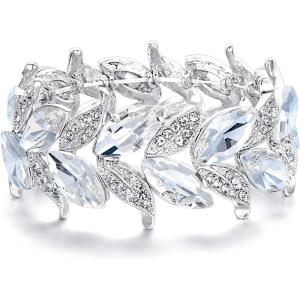 imageBriLove Womens Wedding Bridal Crystal MarquiseShape Leaf Stretch Bangle Bracelet07Clear SilverTone
