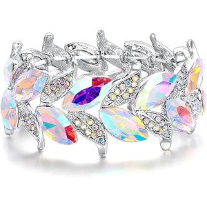 imageBriLove Womens Wedding Bridal Crystal MarquiseShape Leaf Stretch Bangle Bracelet08Iridescent AB SilverTone