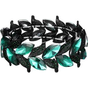 imageBriLove Womens Wedding Bridal Crystal MarquiseShape Leaf Stretch Bangle BraceletEmerald Color BlackTone