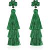 imageBriLove St Patricks Day Earrings Dangling Beaded Green Shamrock Layered Fringe Thread Chandelier Crystal Dangle Tassel Earring for Women Emerald Color