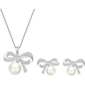 imageBriLove 925 Sterling Silver CZ Freshwater Cultured Pearl Jewelry Set for Women BowTie Pendant Stud Clear