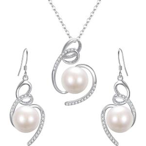 imageBriLove 925 Sterling Silver Freshwater Cultured Pearl Jewelry Set for Women CZ Ribbon Swirl Pendant Hook Dangle