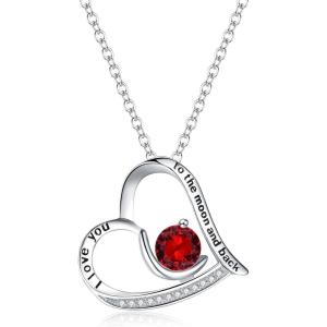 imageBriLove 925 Sterling Silver Necklace for WomenI Love You to the Moon and Back Engraved CZ Love Heart Pendant Necklaces for Birthday GiftJuly  Ruby Color