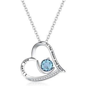 imageBriLove 925 Sterling Silver Necklace for WomenI Love You to the Moon and Back Engraved CZ Love Heart Pendant Necklaces for Birthday GiftMarch  Aquamarine Color