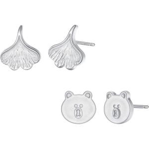 imageBriLove 925 Sterling Silver Stud Earrings Set for Women2 pairs  Leaf and Bear