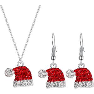 imageBriLove Christmas Hat Jewelry Set Xmax Cap Shiny Crystal Pendant Necklace Hook Dangle Earrings Costume Present for Women Ruby Color SilverTone