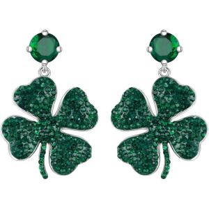 imageBriLove Clover Earrings for Women Gorgeous Shiny Rhinestones Green Leaf Shape Drop Dangle Earring for St Patricks Day Party Prom Accessories Emerald Color SilverTone