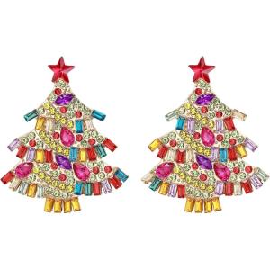 imageBriLove Gorgeous Stunning Christmas Tree Earrings Layer Emerald Cut Teardrop Marquise Rhinestone Crystal Cluster Star Dangle Earring for Women Party HolidayMulticolor GoldTone