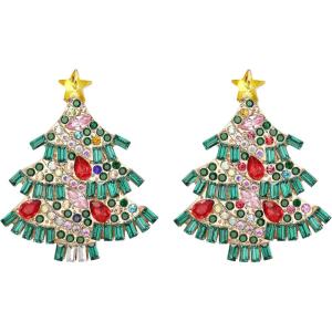imageBriLove Gorgeous Stunning Christmas Tree Earrings Layer Emerald Cut Teardrop Marquise Rhinestone Crystal Cluster Star Dangle Earring for Women Party HolidayRed GoldTone