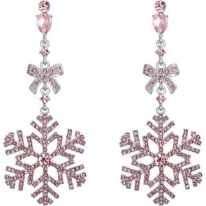 imageBriLove Snowflake Earring for Women Sparkle Winter Party Flower Crystal Bow Teardrop Pierced Dangle Earrings ChristmasPink SilverTone