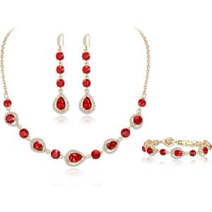 imageBriLove Sparkly Elegant Rhinestone Teardrop Necklace Bracelet Earrings Jewelry Set for Women Prom Dress Ruby Color GoldTone