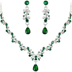 imageBriLove Wedding Bridal Jewelry Set CZ Crystal Leaf Vine Floral Scroll Teardrop VNecklace Pierced Earrings Set for Women BridesmaidEmerald Color