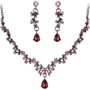 imageBriLove Wedding Bridal Jewelry Set CZ Crystal Leaf Vine Floral Scroll Teardrop VNecklace Pierced Earrings Set for Women BridesmaidPurple