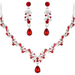 imageBriLove Wedding Bridal Jewelry Set CZ Crystal Leaf Vine Floral Scroll Teardrop VNecklace Pierced Earrings Set for Women BridesmaidRuby Color SilverTone