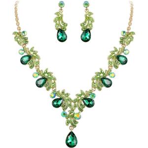 imageBriLove Wedding Bridal Jewelry Set for Women Crystal Teardrop Filigree Leaf Twig Enamel Statement Necklace Dangle Earrings Emerald Color GoldToned