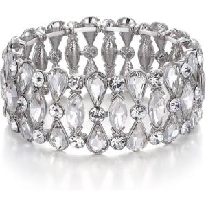 imageBriLove Wedding Bridal Teardrop Rhinestones Cluster Stretch Bangle Bracelet for BrideClear SilverTone